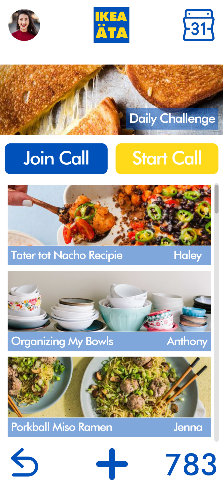 This is the home page which would show after a user has logged in, advertising the Daily Challenge first followed by options to join a call and then the featured recipes and articles